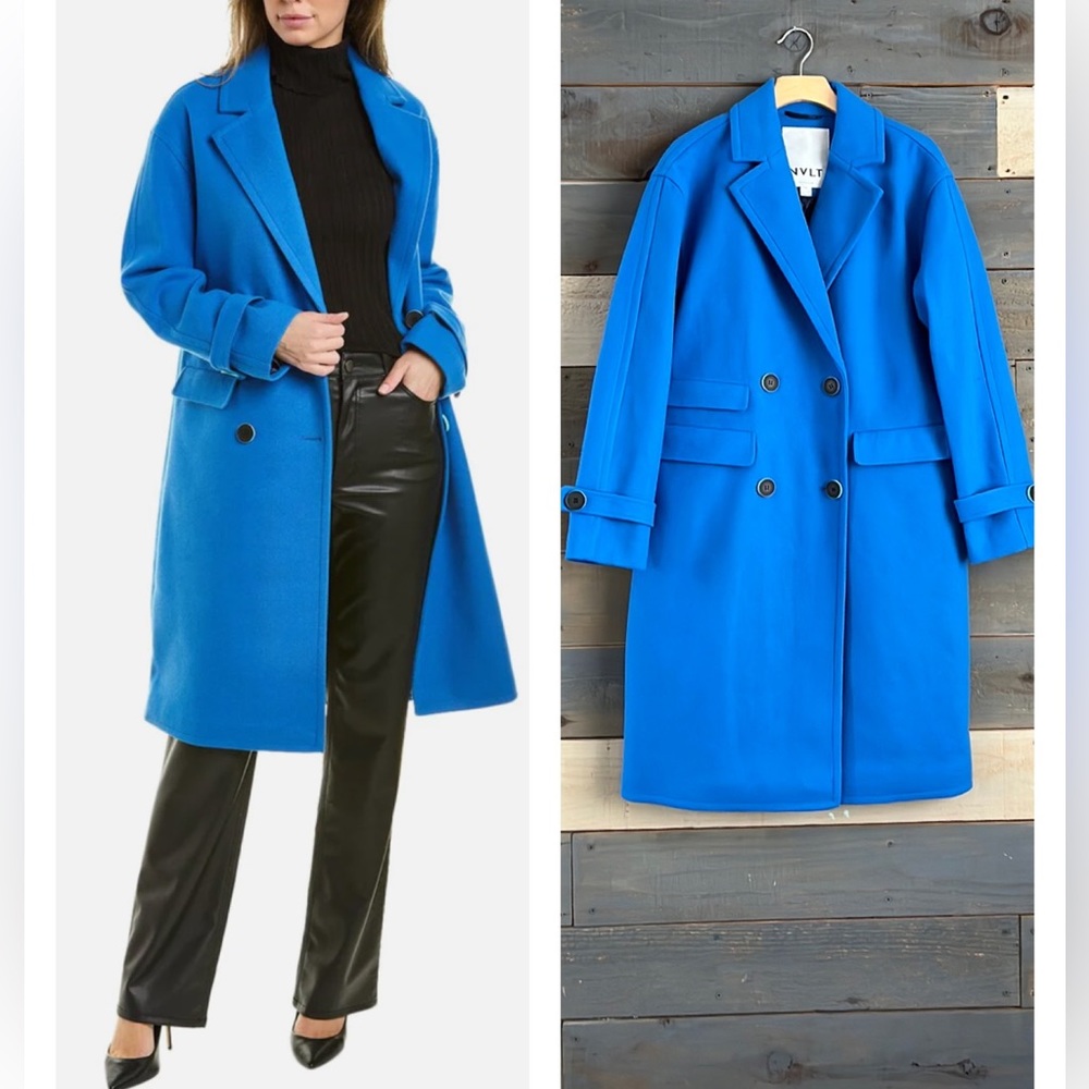 NVLT Faux Wool Double Breasted Long Pea Coat Blue S